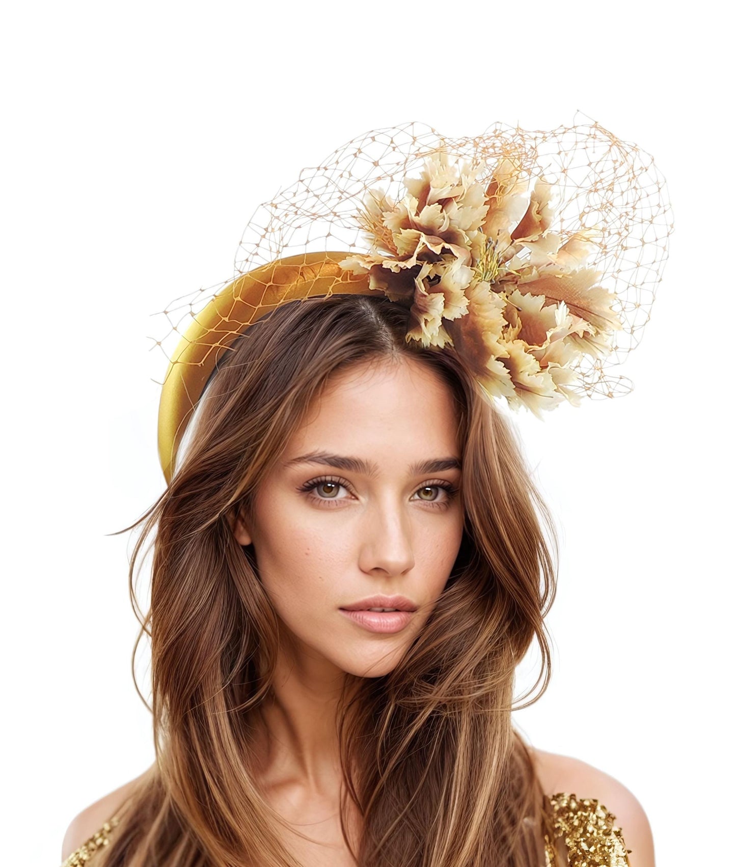 Gold Light Brown Flower Satin Padded Headband Fascinator Headpiece Royal Ascot Kentucky Derby Melbourne Dubai Weddings Ladies Day Races Hat