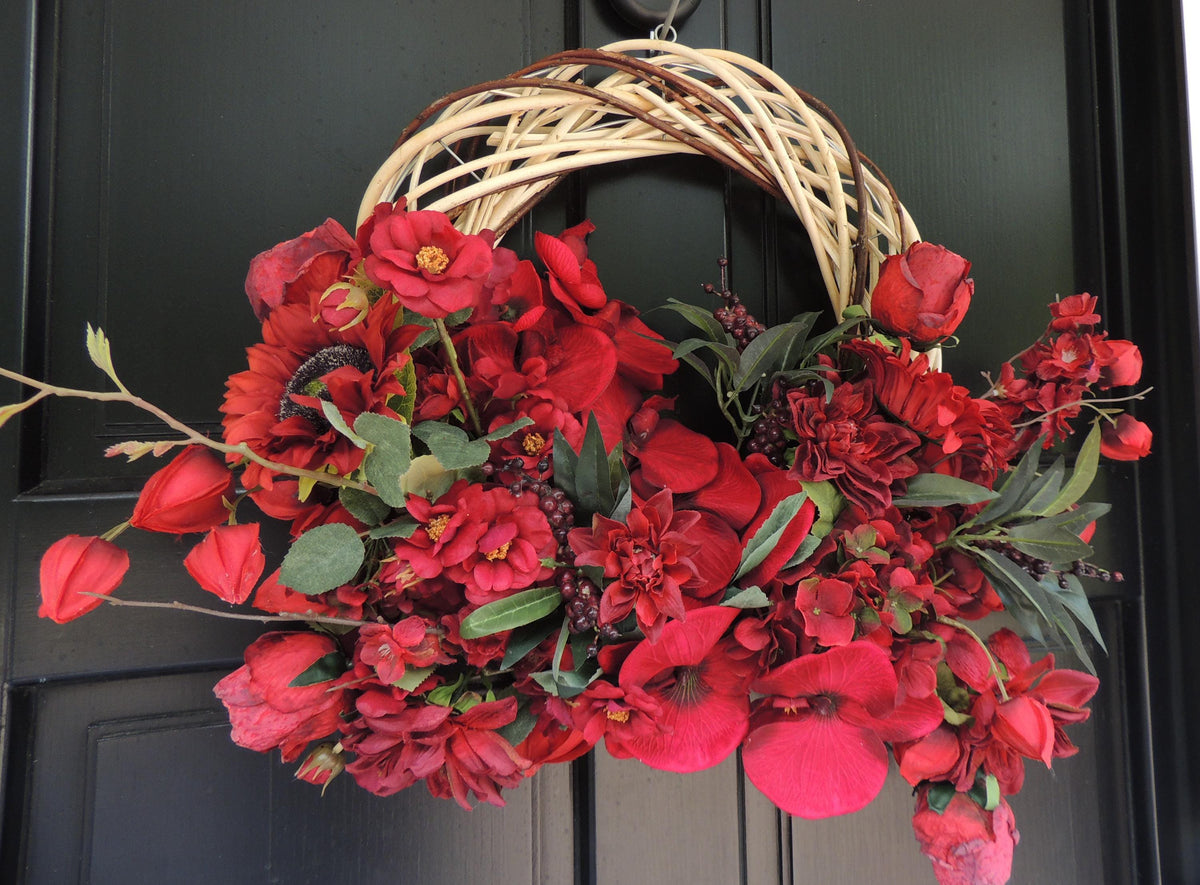 Red Floral Wreath 45cm | Rose & Hydrangea Year Round Front Door Wreath