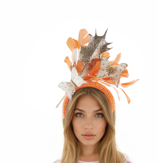 Kentucky Derby Hat Ascot Fascinator Gold Orange Statement Womans Oaks Weddings Garden Cocktail Tea Parties Church Hatinator Colorful