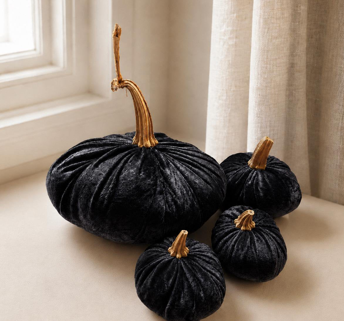 Black Pumpkin Set of 4, Velvet Halloween Table Centrepiece, Spooky Gothic Fall Home Decorations
