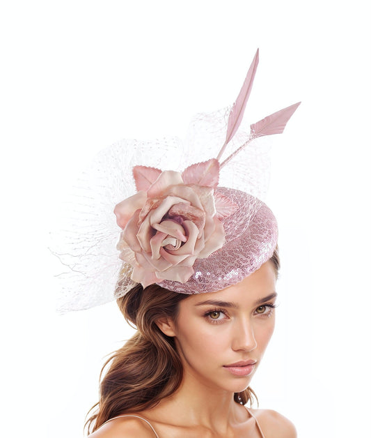 Dusky Pink Sequin Kentucky Derby Hats Percher Pillbox Ascot Church Race Day Tea Garden Party Wedding Formal Occasion Woman Rose SALE