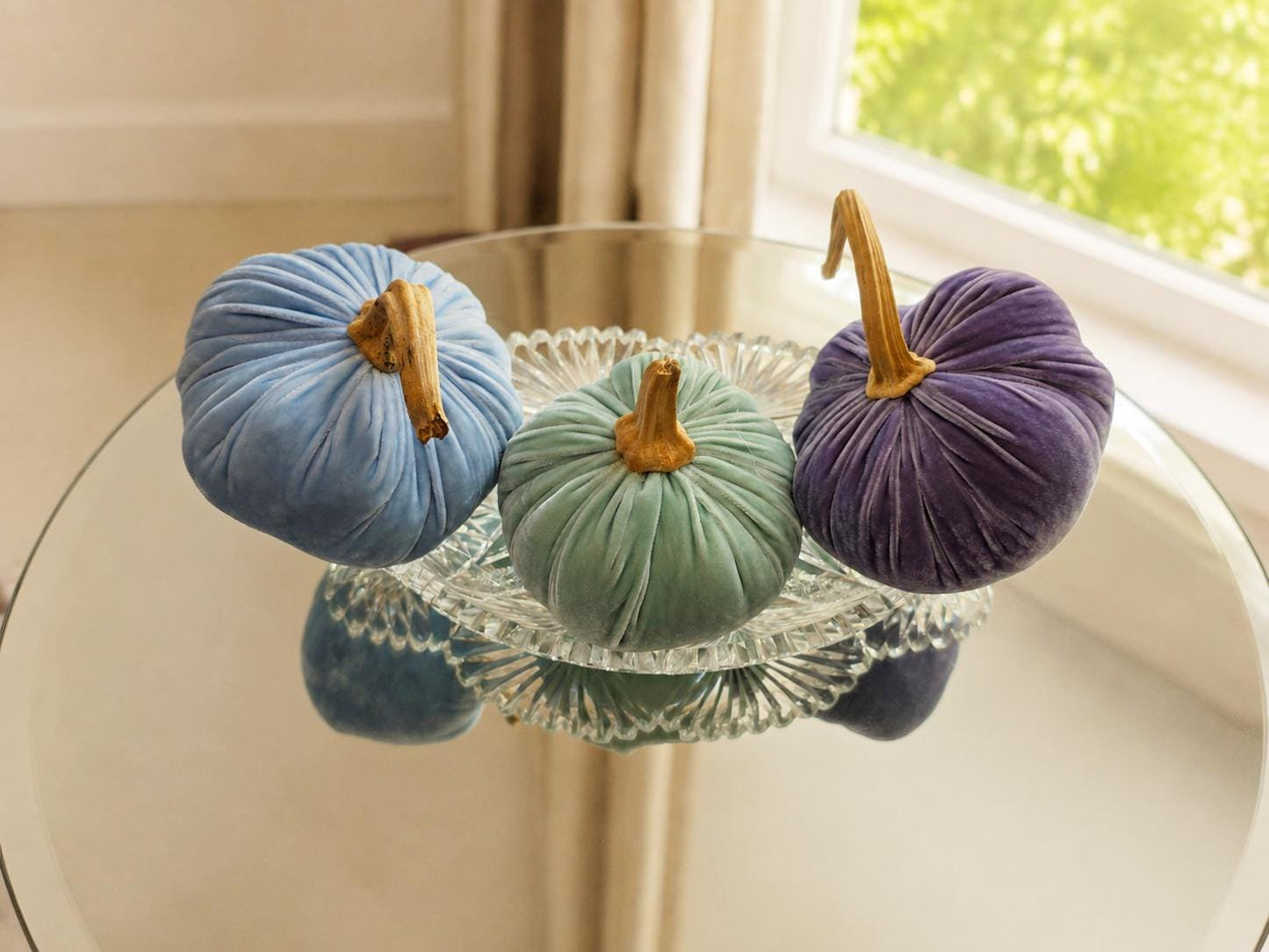 SET 3 X-SMALL Pastel Blue Mint Lavender Silk Velvet Pumpkins, Cozy Home Decor, Wedding Decor, Summer Bowl Fillers, Seasonal Modern Decor