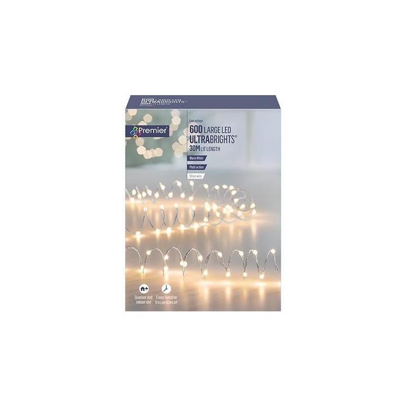 Premier 600 Large LEDs Multi-Action Pinwire Christmas Fairy String Micro Lights Warm White Ultra Brights on Silver Pin Wire with 8 Effect Settings, 30m Lit Length