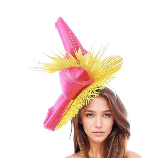 Lemon Yellow Fuchsia Hot Pink Saucer Fascinator Hat Kentucky Derby Ascot Wedding Guest Formal Occasion Tea Party Garden Mother Bride Groom