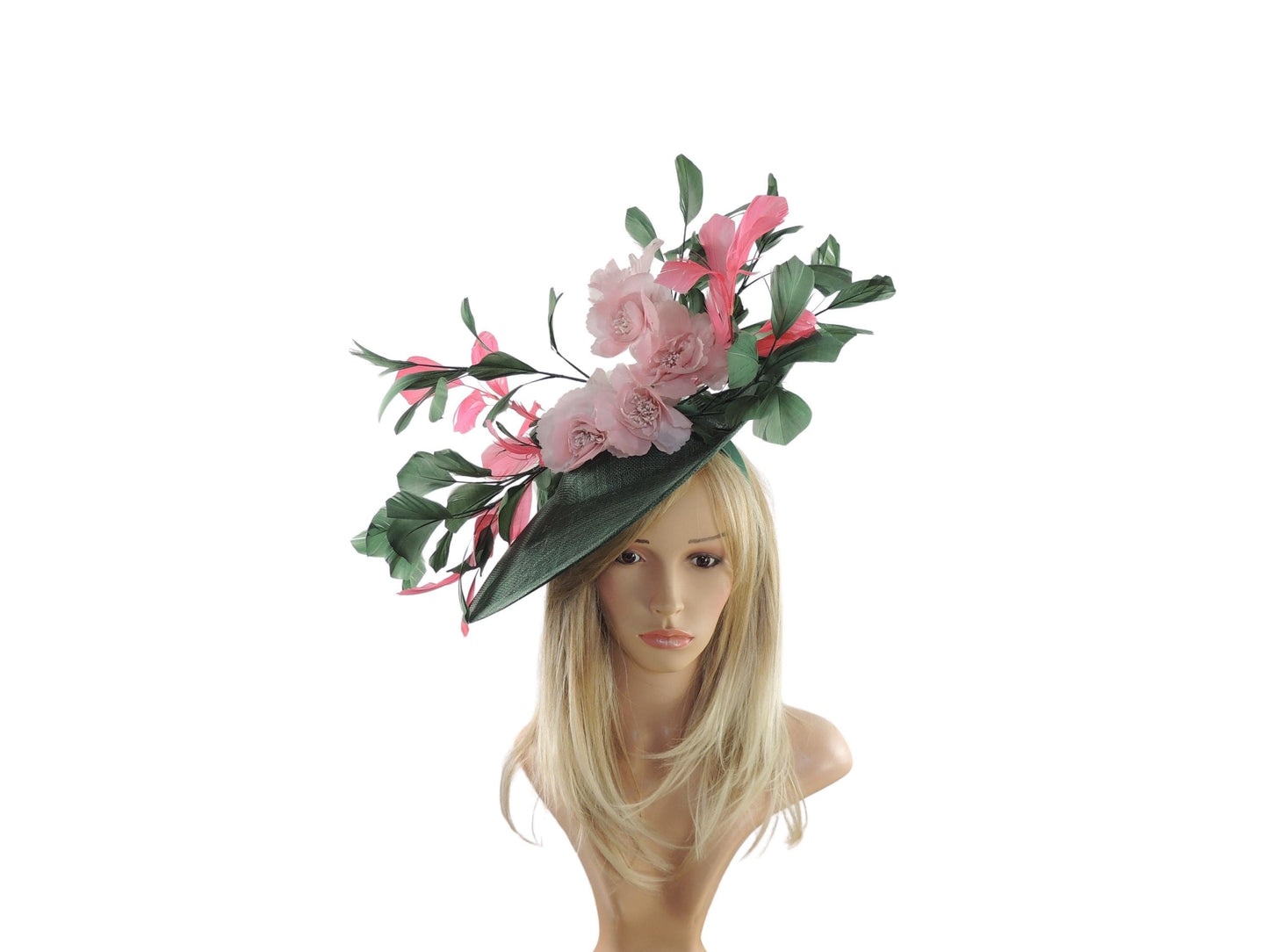 Dark Green Forest Candy Pink Fuchsia Kentucky Derby Fascinator Ascot Hat Headband Hatinator Wide Brim Wedding Tea Party Statement Floral