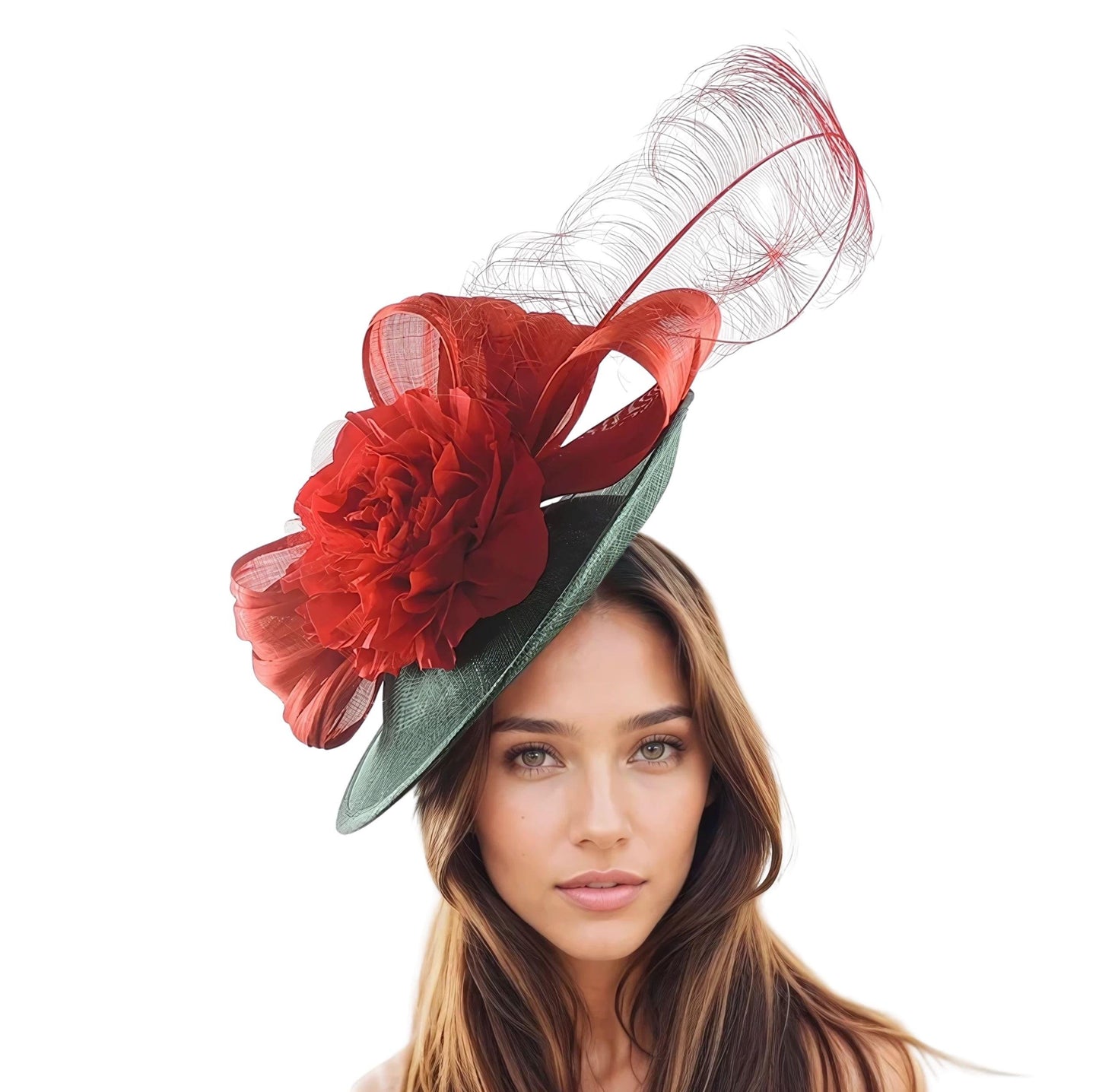 Dark Green Red Kentucky Derby Fascinator Hats Ascot Church Race Tea Garden Party Wedding Occasion Custom Woman Statement Forest Bottle Green
