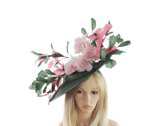 Dark Green Forest Candy Pink Fuchsia Kentucky Derby Fascinator Ascot Hat Headband Hatinator Wide Brim Wedding Tea Party Statement Floral