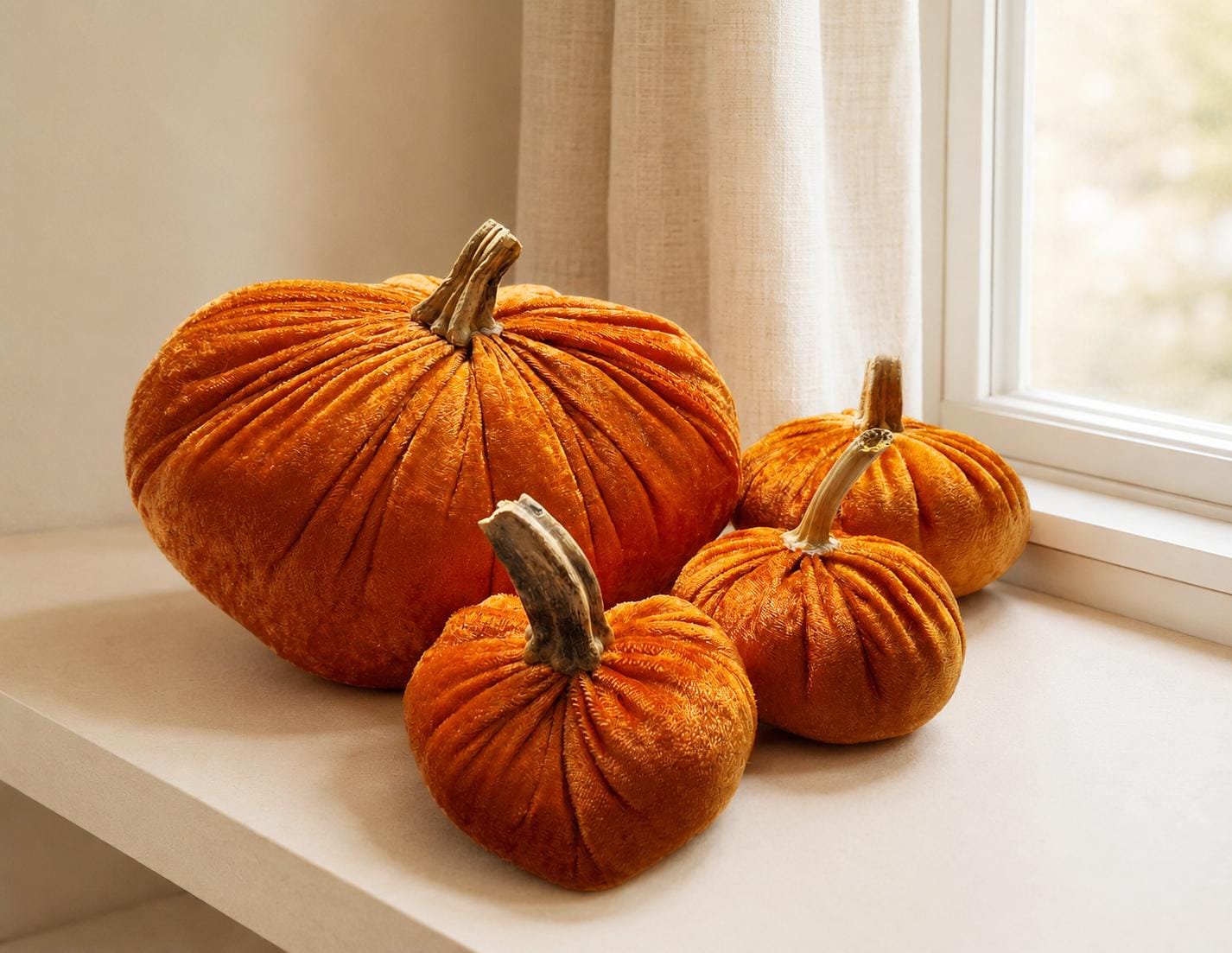Burnt Orange Velvet Pumpkin Set of 4, Thanksgiving Table Centrepiece, Fall Harvest Decor