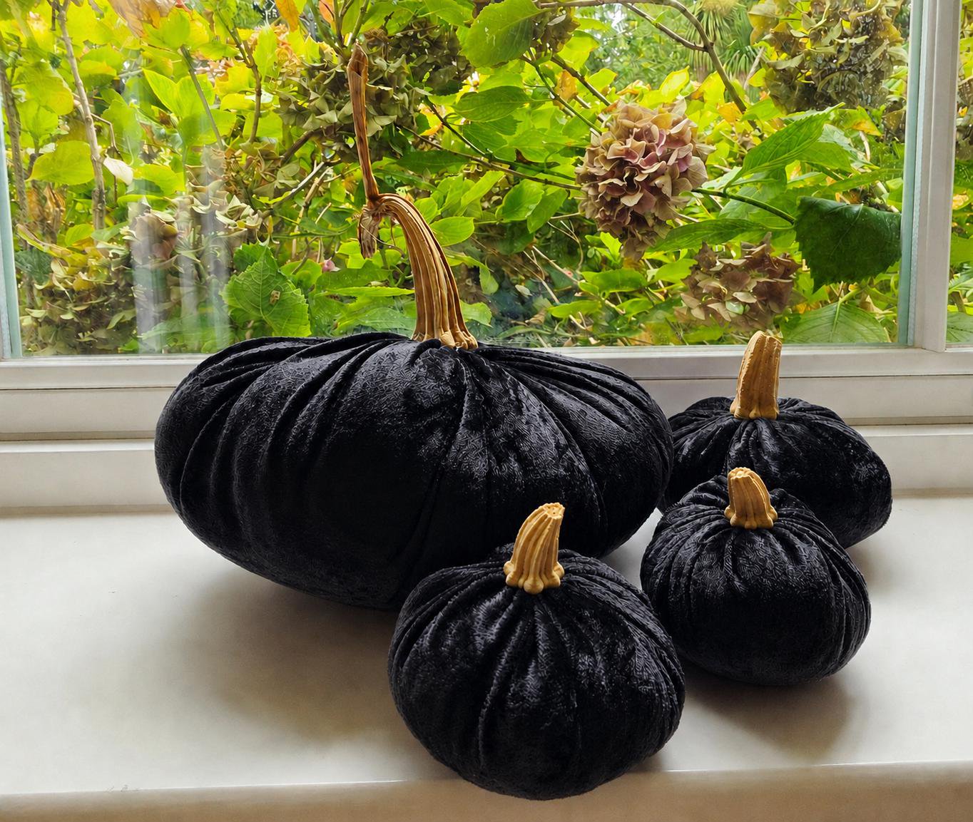 Black Velvet Pumpkin Set of 4, Halloween Decorations, Gothic Autumn Fall Mantel Decor