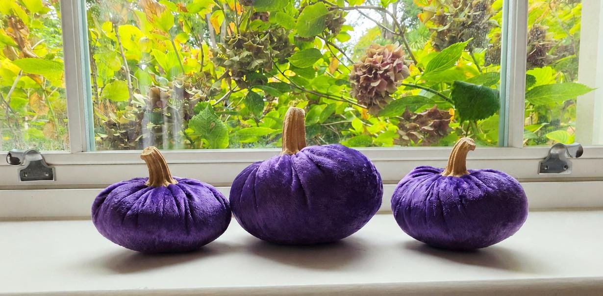 Purple Velvet Pumpkin Set of 3, Halloween Decorations, Autumn Fall Table Mantel Decor