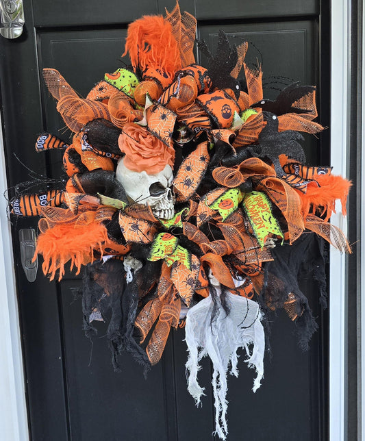 Large Halloween Front Door Wreath Spooky Hanger Black Orange Ghost Skeleton Wall Porch Hanger Handmade House Home Decor Decorations Welcome