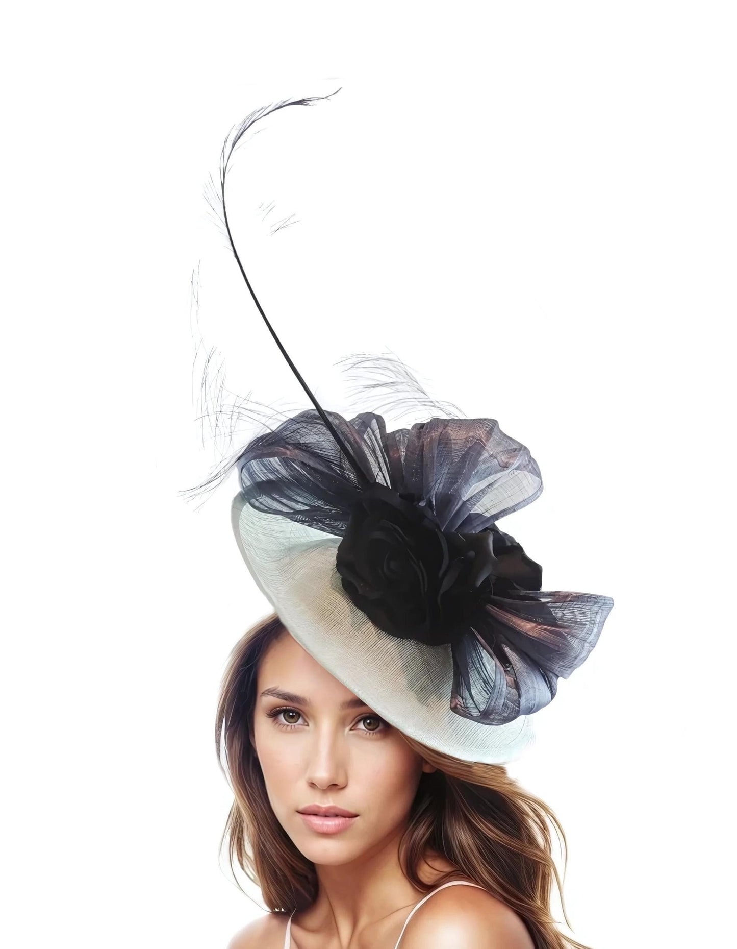 White Navy Blue Bow Feather Fascinator Hat Headband for Women Kentucky Derby Oaks Wedding Royal Ascot Formal Occasion Hair Bridal Tea Party