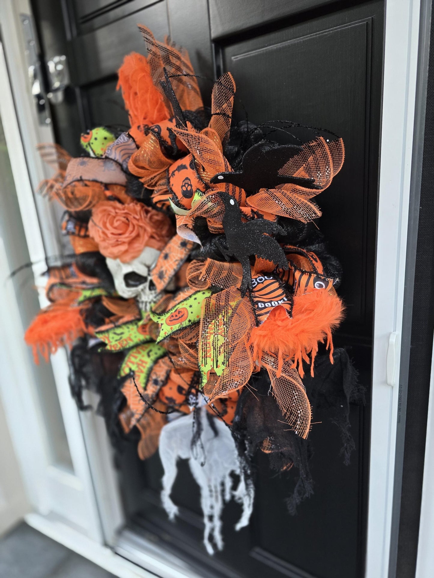 Large Halloween Front Door Wreath Spooky Hanger Black Orange Ghost Skeleton Wall Porch Hanger Handmade House Home Decor Decorations Welcome