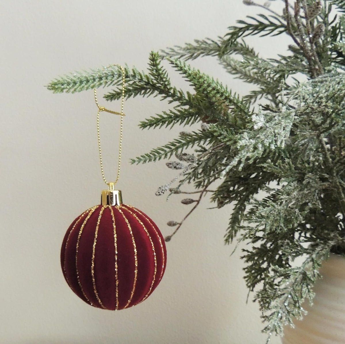 Large Velvet Glitter Striped Christmas Baubles 10cm Pack of 6