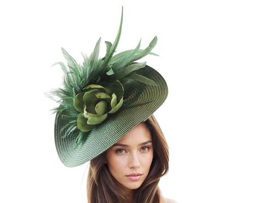 Dark Forest Green Kentucky Derby Fascinator Hat Saucer Disc Tea Party Headband Feather Ascot Wedding Hatinator Olive Green Hat Luncheon Hat