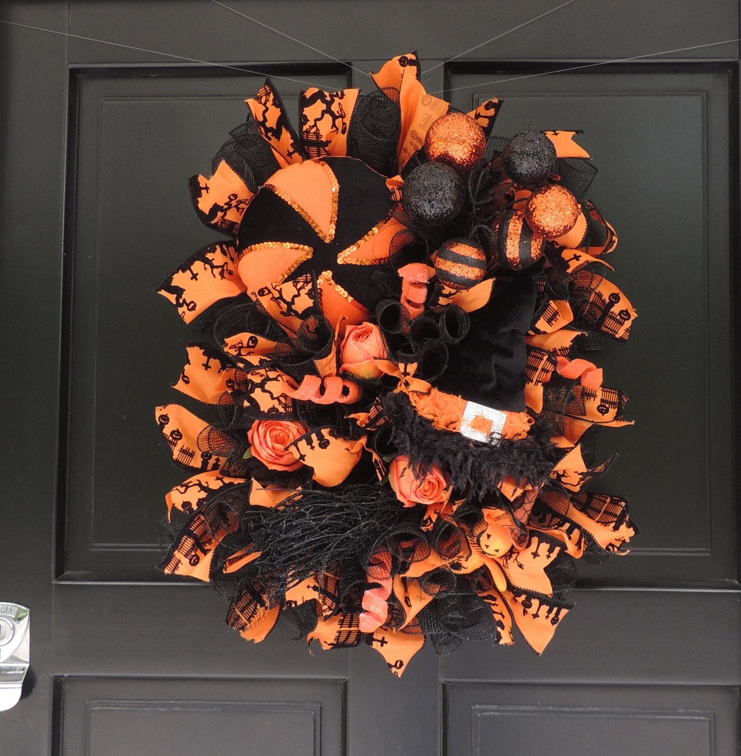 20" Halloween Door Wreath, Luxury Halloween Wreath, Black Orange Front Door Decor, Witch Wreath, Pumpkin Decor Square
