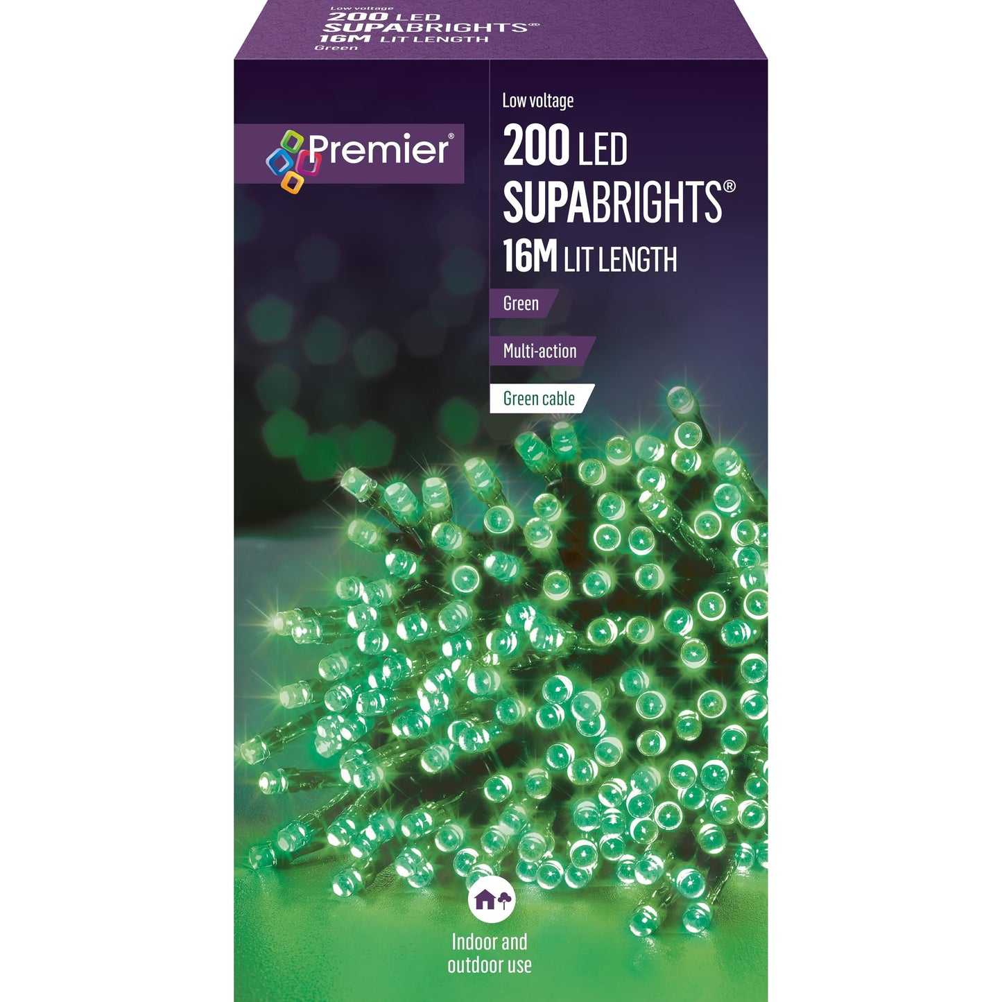 Premier Indoor Outdoor LED Halloween Lights Green 200 Supabrights 16 Metres Multi Action with Timer Halloween Decoration Scary