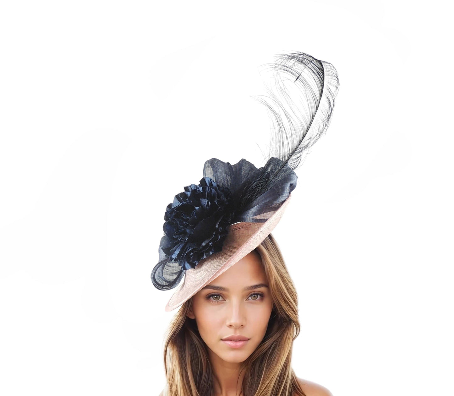 Baby Pink Navy Blue Saucer Disc Kentucky Derby Fascinator Hat Ascot Wedding Hatinator Cocktail Formal Womens Races Tea Party Light Pale Dark