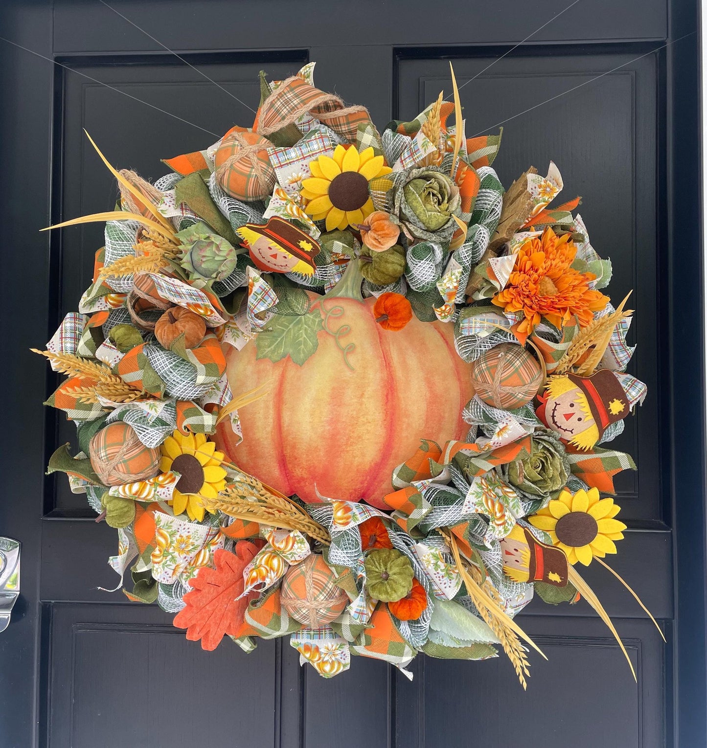 24" Large Autumn Pumpkin Wreath, Fall Harvest Front Door Wreath, Scarecrow Sunflower Thanksgiving Porch Decor, Farmhouse Autumn Decoration