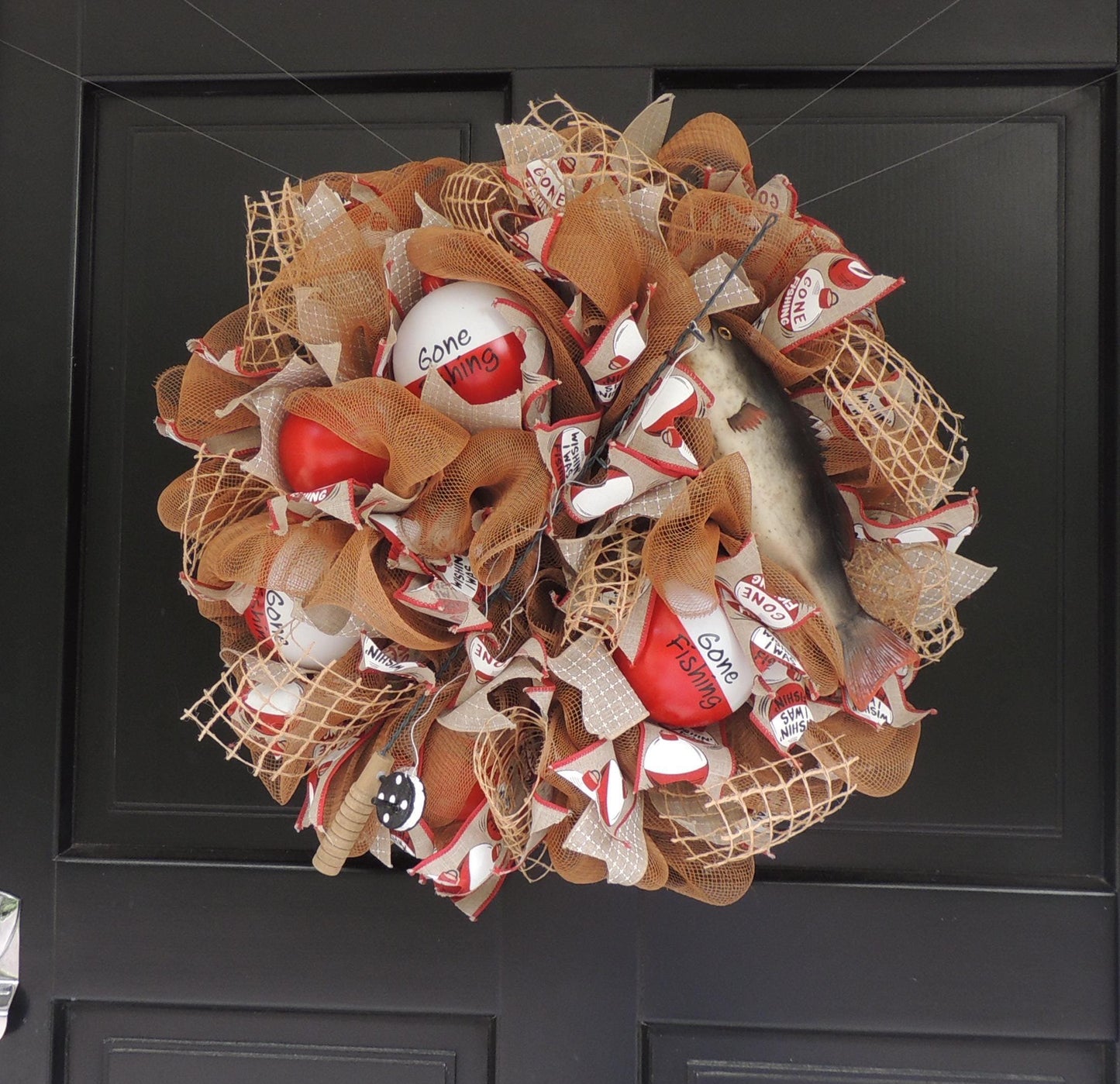 Fishing Bobber Wreath for Front Door, Angler Cabin Door Decor, Handmade Bass Fishing Wreath, Rustic Lake House Decoration Brown Red