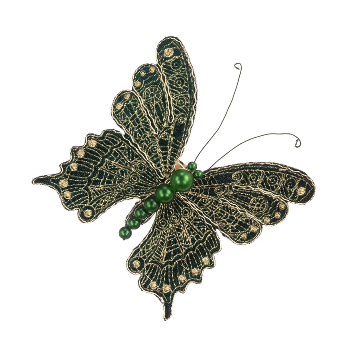 Embroidered Dark Green & Gold Butterfly Christmas Clip Decoration 13cm