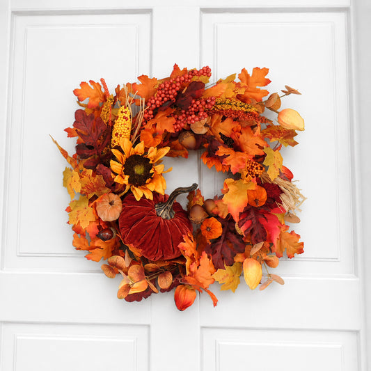 Large Velvet Pumpkin Autumn Wreath 50cm | Fall Harvest Front Door Wreath