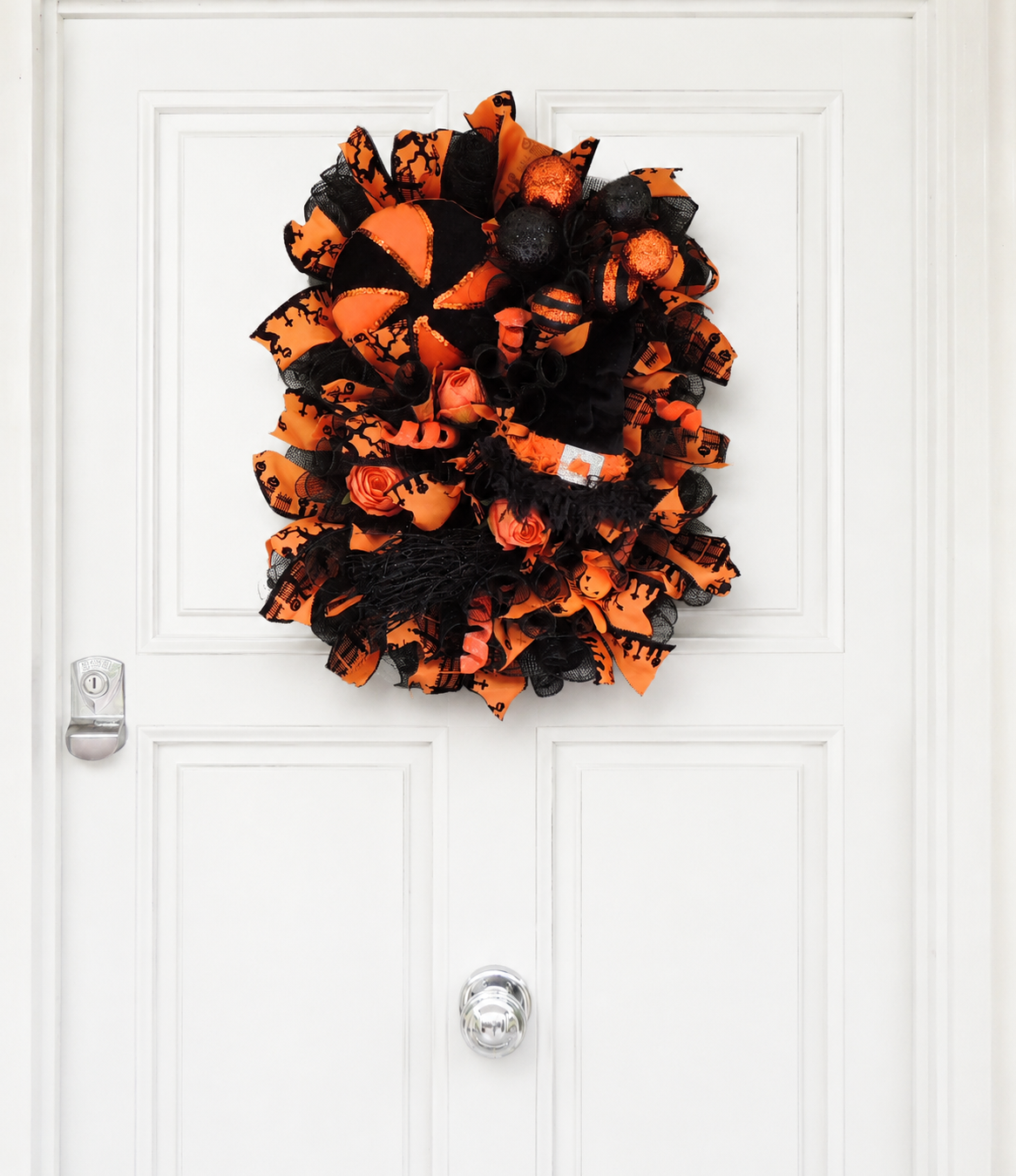Large Square Halloween Wreath – Black & Orange Witch and Pumpkin Front Door Decor