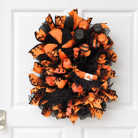 Large Square Halloween Wreath – Black & Orange Witch and Pumpkin Front Door Decor