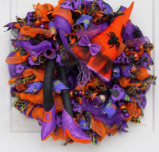 Large Witch Halloween Wreath | Purple & Orange Front Door Decor | 70cm (27.5")