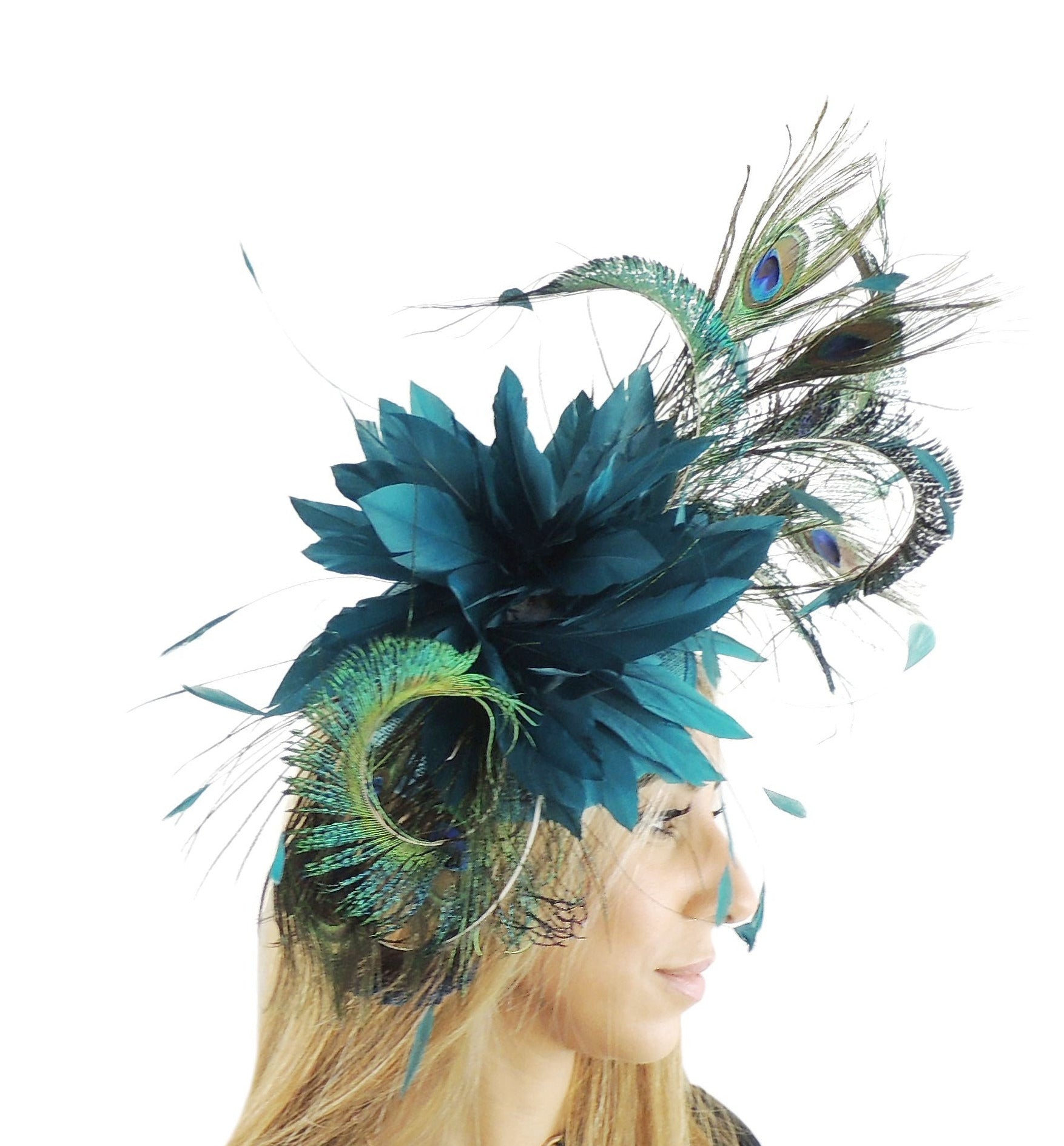 Jahlia Large Teal Peacock Fascinator - Hats By Cressida