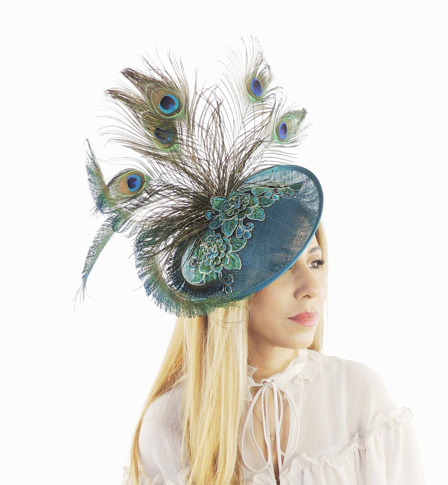 Kingfisher Teal Peacock Ladies Day Ascot Fascinator Hat